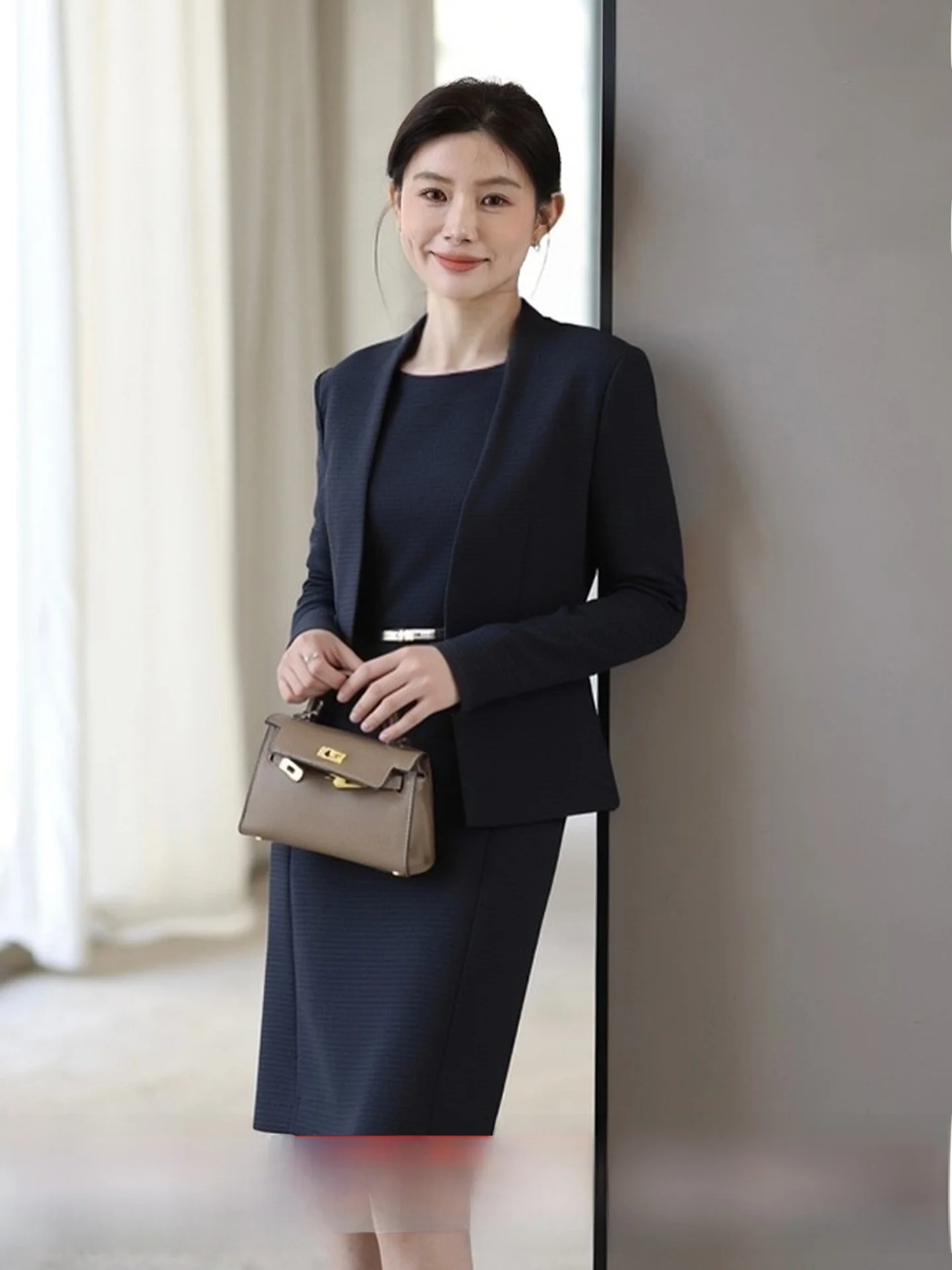 

Deep Blue Sleeveless Dress Suit Set Casual Commute Tailored Jacket Lightweight Luxury Style Slim Fit mid Length Pure Color