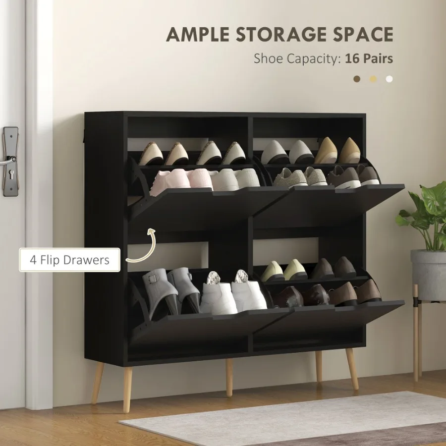 خزانة تخزين الأحذية مع 4 أدراج قابلة للطي وخزانة أحذية ذات رف قابل للتعديل لـ 8-16 زوجًا من الأحذية باللون الأسود #3
