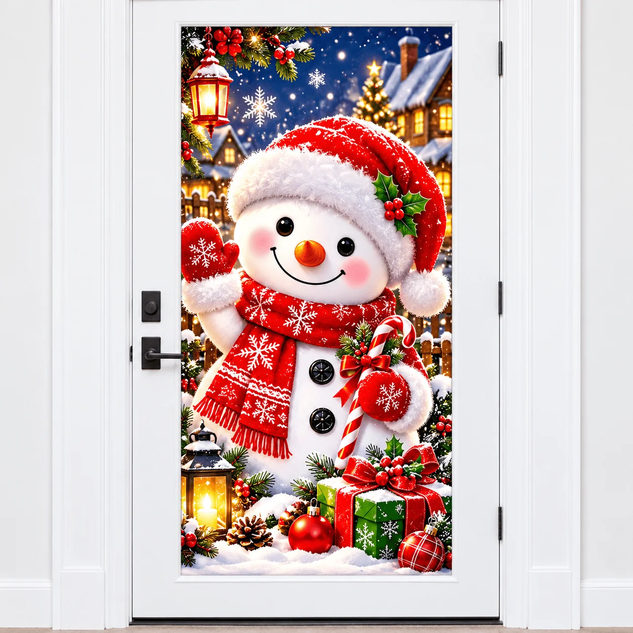 1 banner, Christmas snowman print polyester door banner, red Christmas hat, gift box, lantern and snow hut elements
