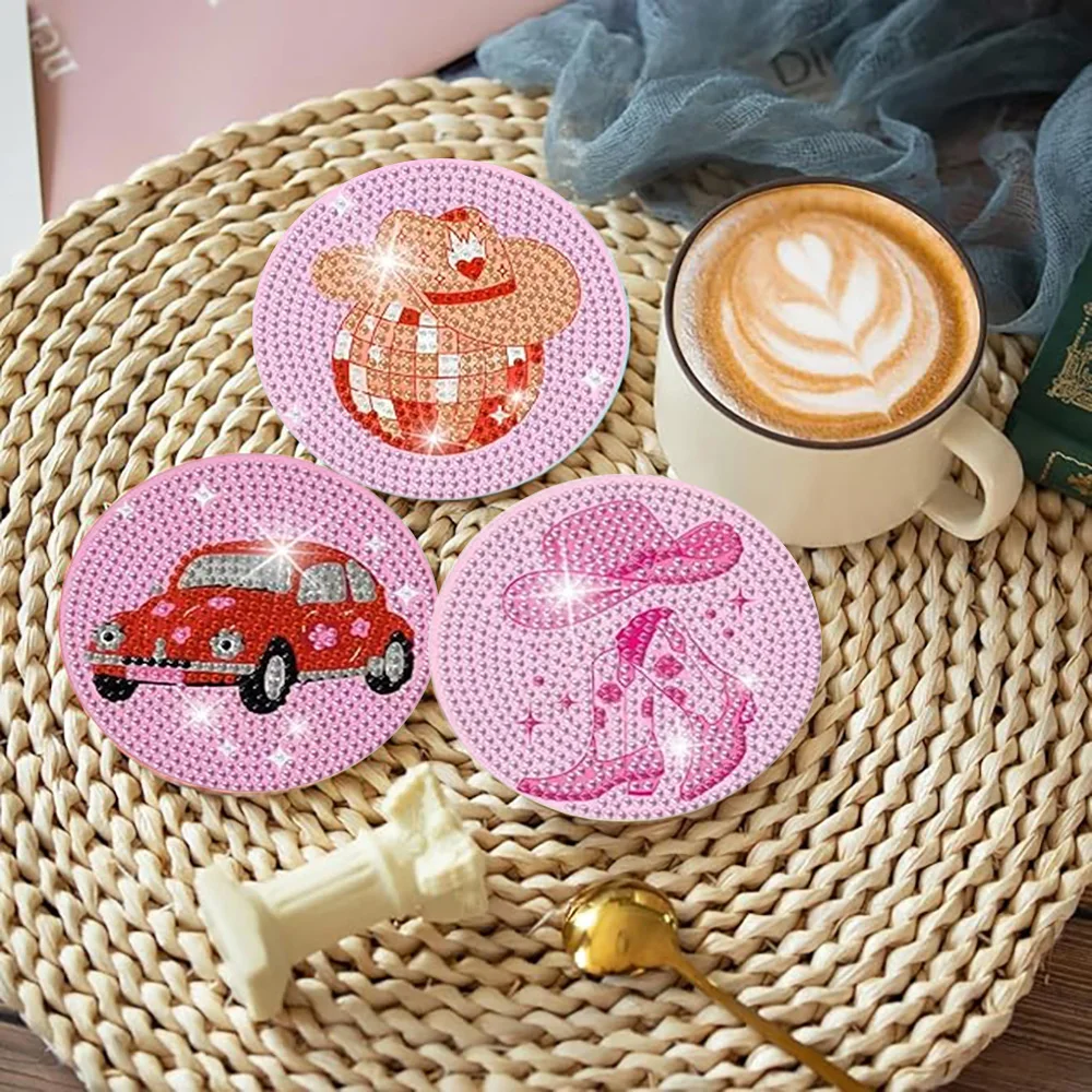 8 Pieces/Set of Diamond Painting Coasters with Brackets, DIY Pink Series Patterned Diamond Painting Coasters - view 4