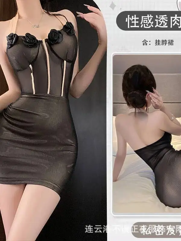 Sexy Nachtelijke Borst Pads Halter Hals Sheer Jurk Pure Desire Stijl Bodycon Jurk Uniform Jurk Elegante Zoete Mini Jurk SKP8