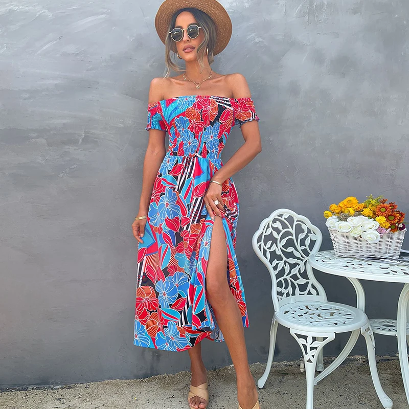 Elegant Off Shoulder Floral Prints A-Line Boho Black Summer Dresses For Women 2022 Sexy Backless Split Midi Dress Beach Dress