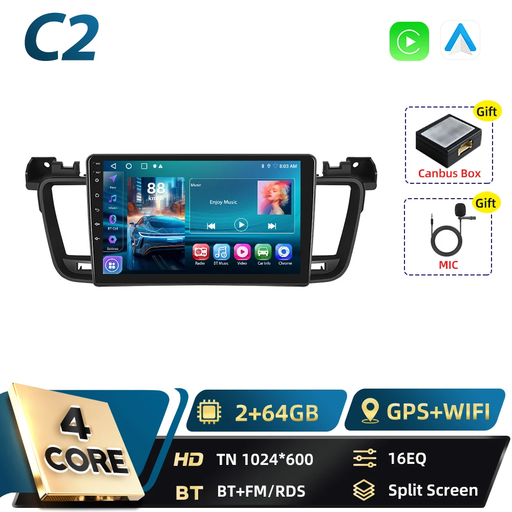 Podofo Qualcomm 8-core 2-DIN Android autoradio voor Peugeot 508 2012-2016 met BT, Carplay, FM, Android Auto, WIFI, GPS, RDS en DSP