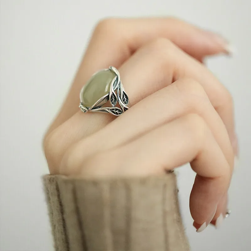 الفضة 925 خمر لف فرع خواتم للنساء الطبيعية Hotan اليشم البيضاوي الدائري زوجين موضة بسيطة مجوهرات هدية قابل للتعديل