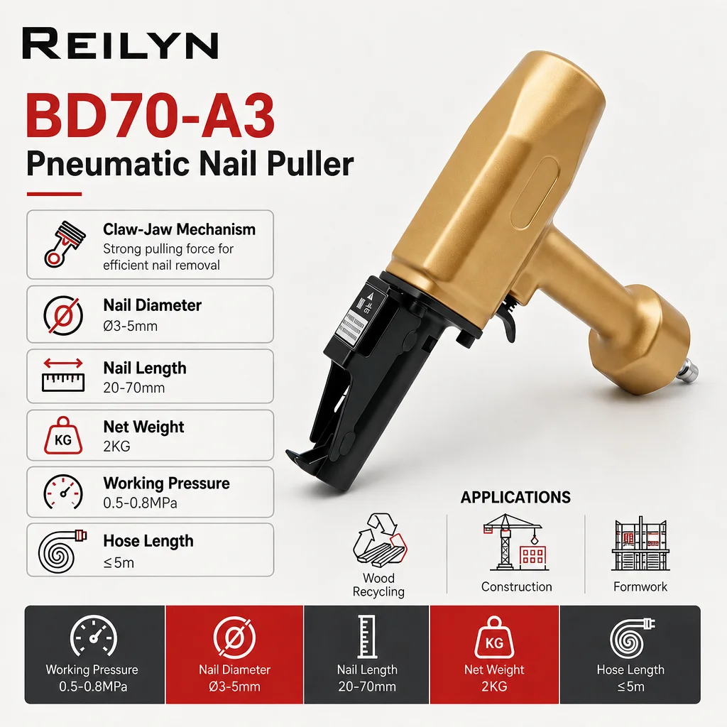 Reilyn BD70-A3 Pneumatic Nail Puller Pulls Nails out of Wood Used for Formwork and Wood Recycling