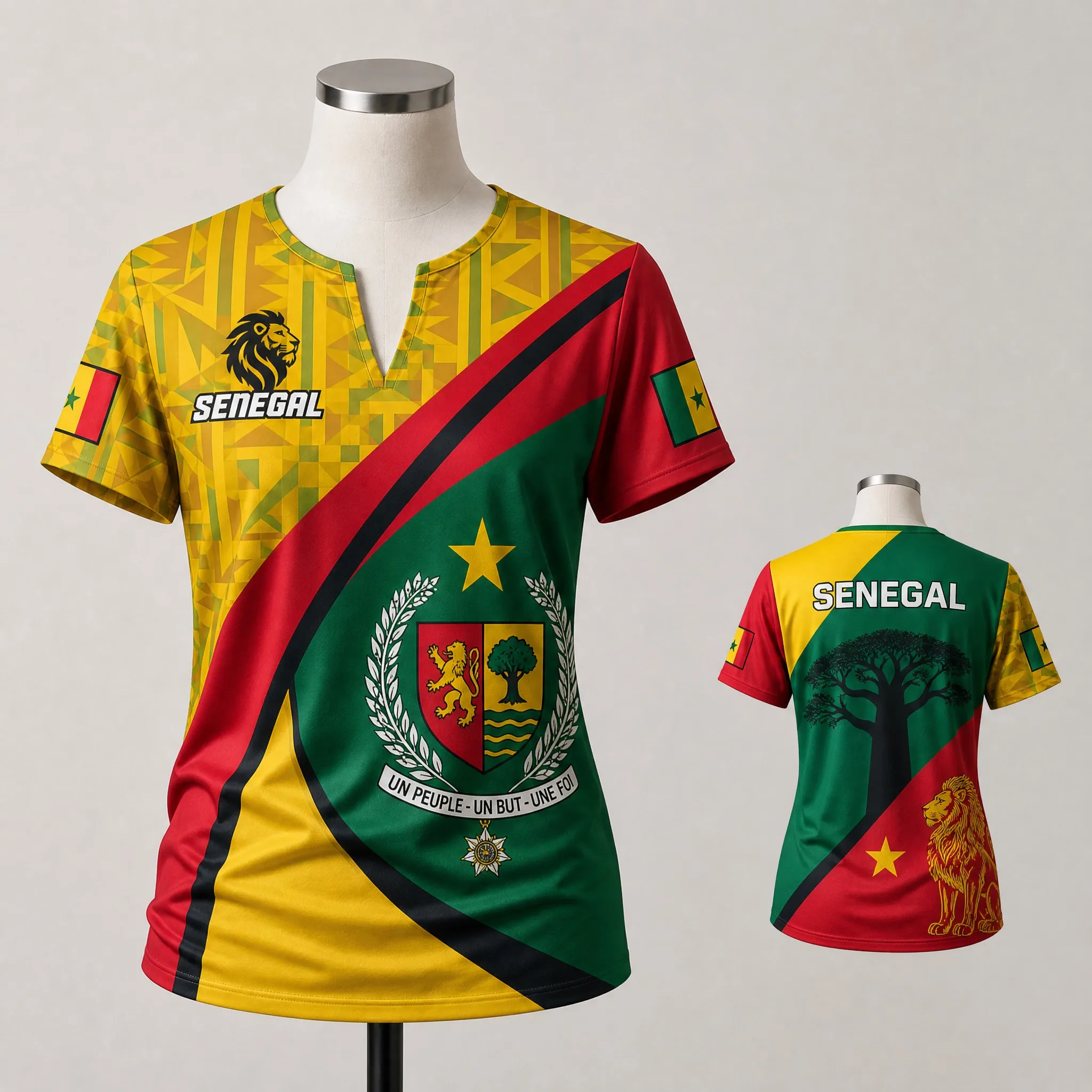 Womens Senegal Small V Neck T Shirt Yellow Green Red Shield Tree Lion Print Casual Summer Short Sleeve Top Heritage Daily Top Go