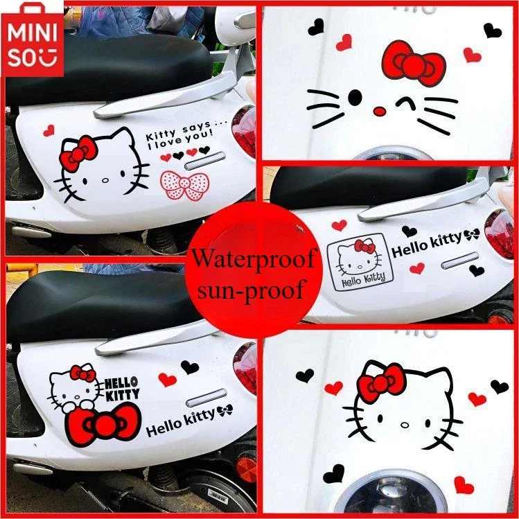 MINISO HelloKitty Car Cartoon Set DIY Sticker Motorcycle Shell Decoration Sticker Waterproof Sunscreen Decal Cover Scratches