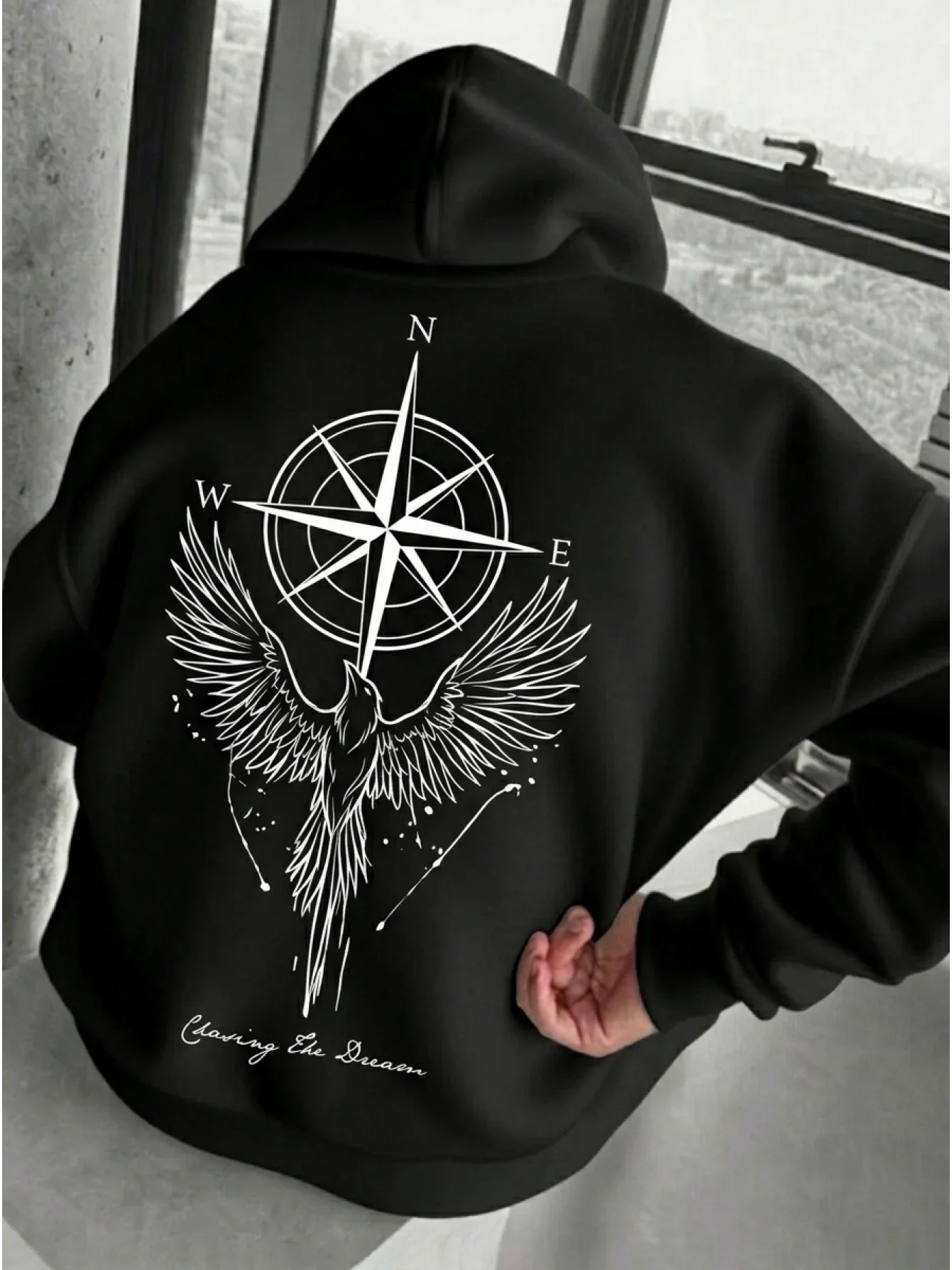 Men Vintage Tattoo Hoodie Hand Drawn Compass Eagle Silhouette Print Soft Fleece Oversized Adventure Street Sweatshirt