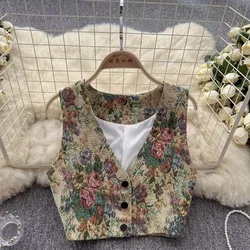 Vintage Tank Top Women V-neck Floral Chic Vest for Woman Printed French Style Summer Camis Female Fashion Y2k Jacket