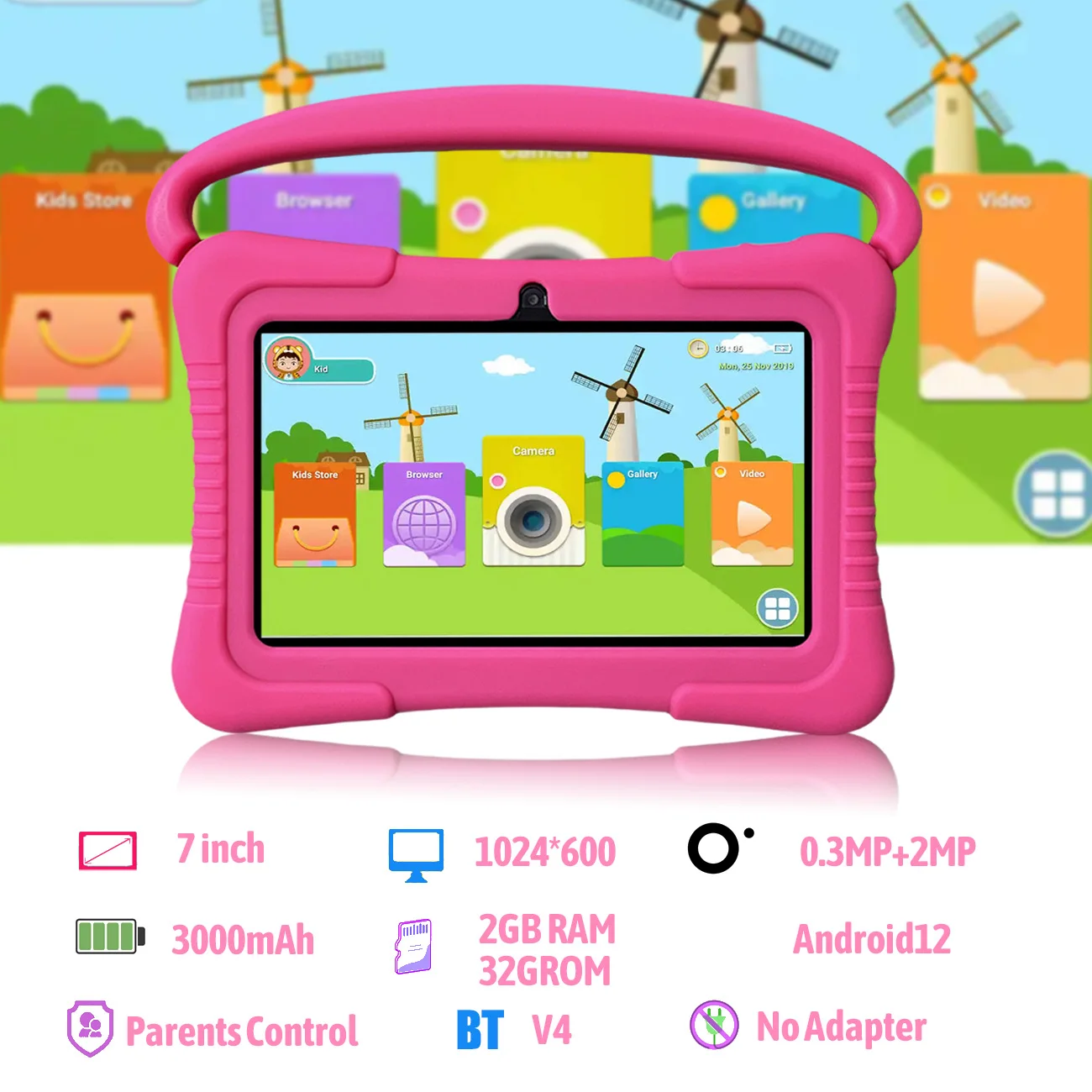 Tablet infantil de 7 polegadas, tablet infantil com controle de pais, câmeras duplas, presentes infantis para o Natal e aniversário. Rosa/Azul
