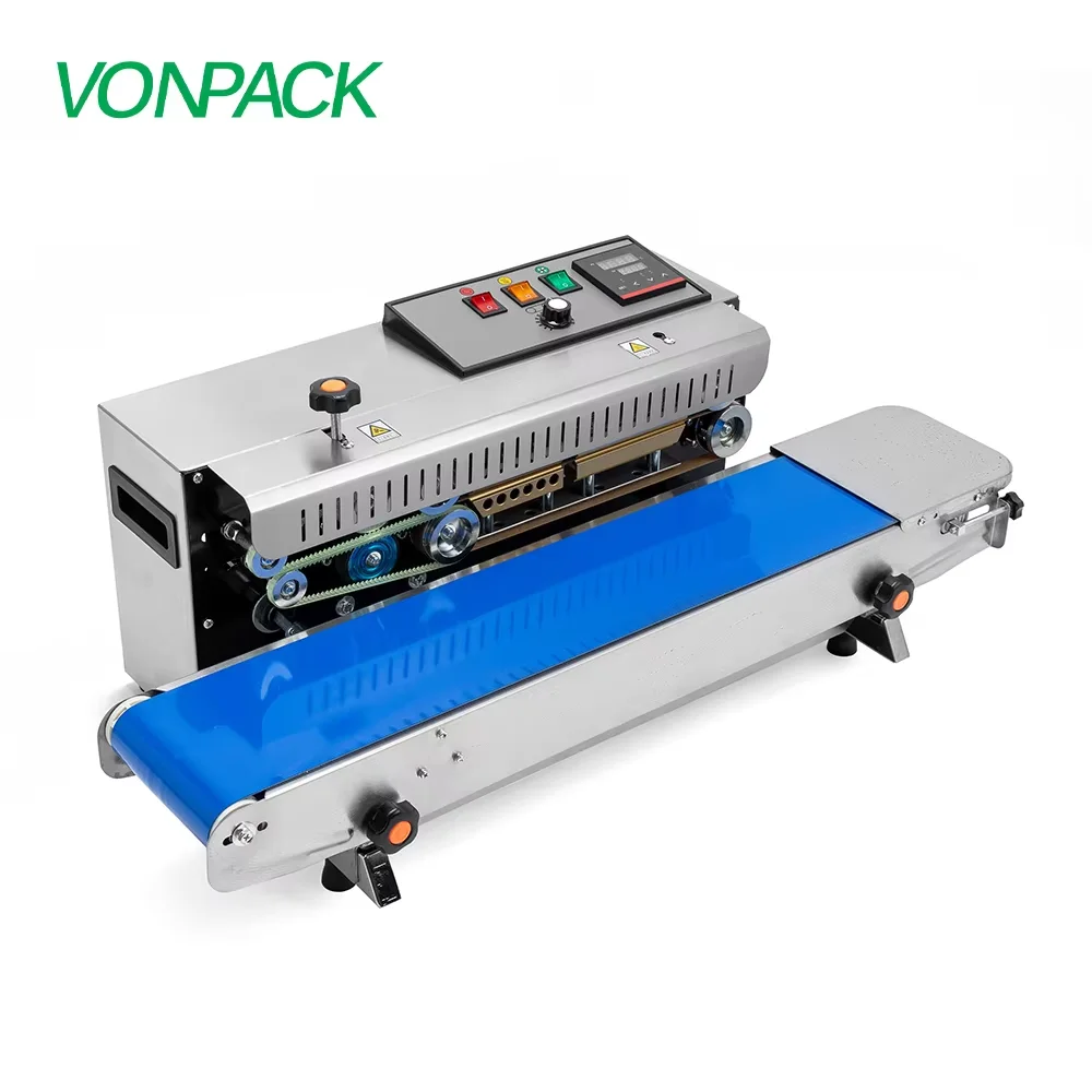 VONPACK FR-900 آلة ختم شريط الفولاذ المقاوم للصدأ المستمر مصنع أفقي فيلم بلاستيكي جهاز غلق أكياس الطعام مع توقف الطوارئ
