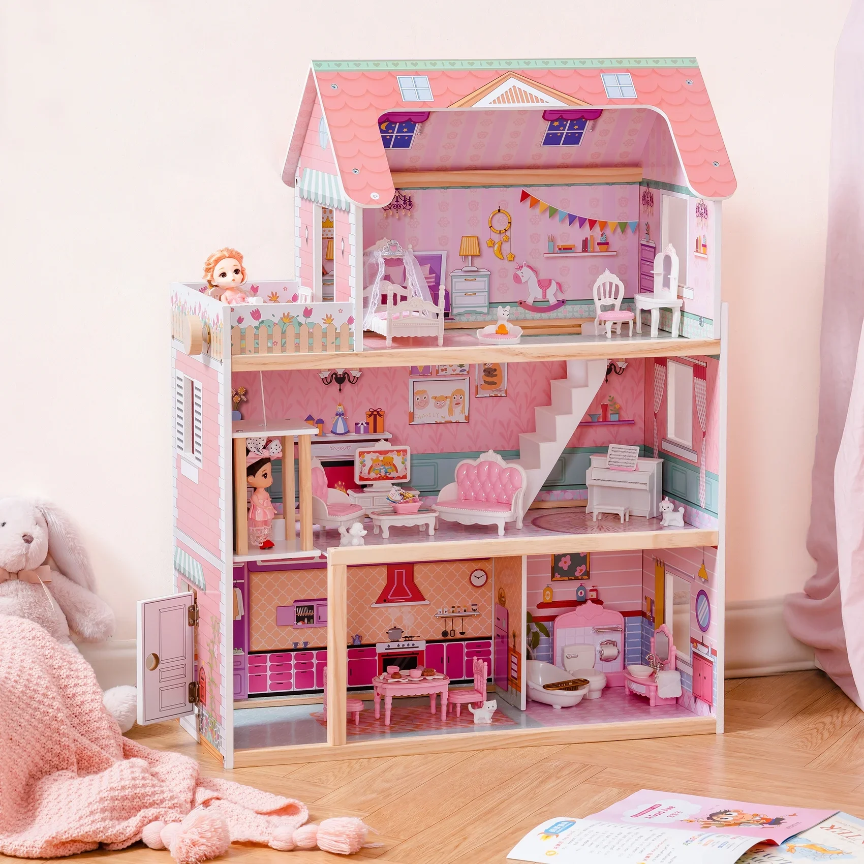 Robud Wooden Dollhouse with 20pcs Furniture 3-Storey Preschool Toy Dollhouse for Kids Girls 23.4"X12"X32" Pink