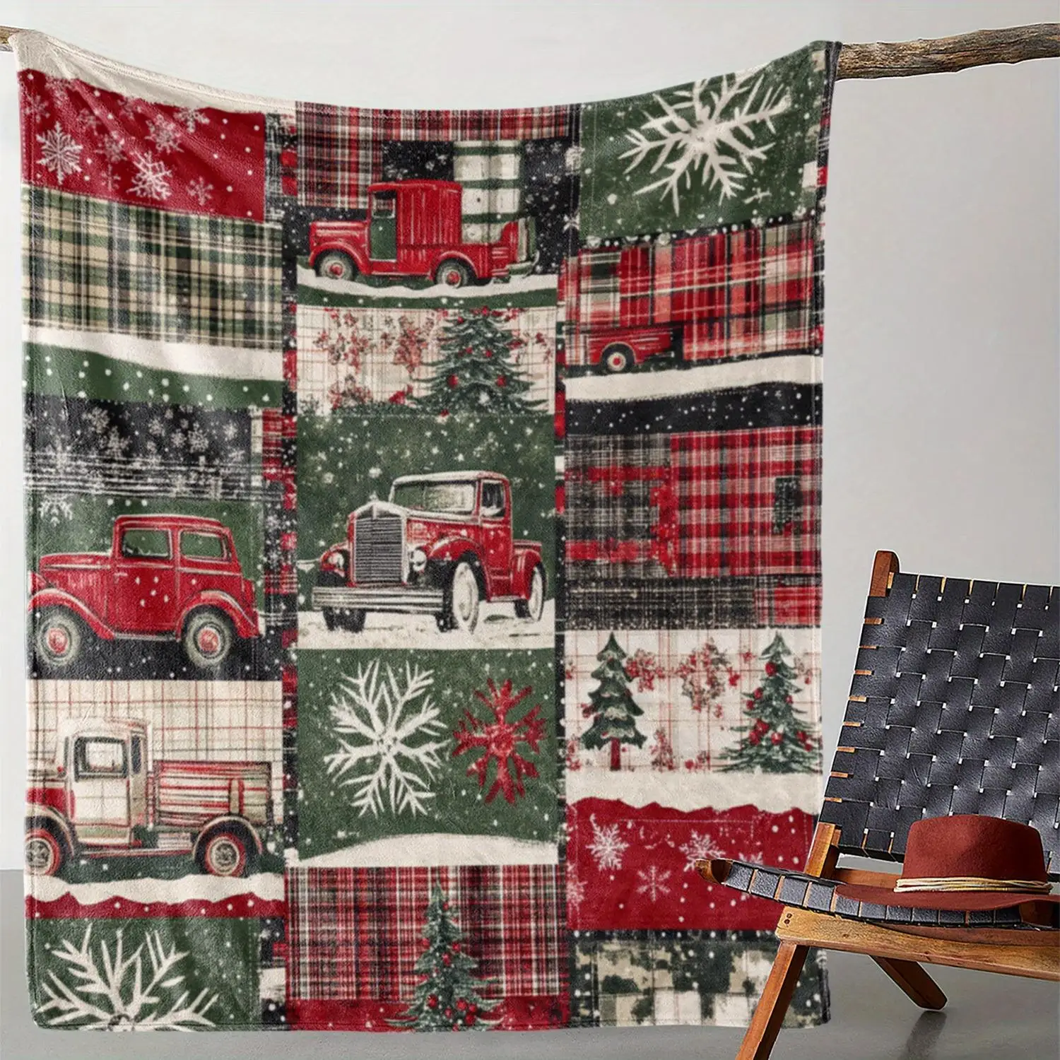 Couverture de Noël en glouton confortable avec arbre de voiture vintage et design flocon de neige, jeté doux et chaud pour canapé, lit, bureau, camping, polyvalent