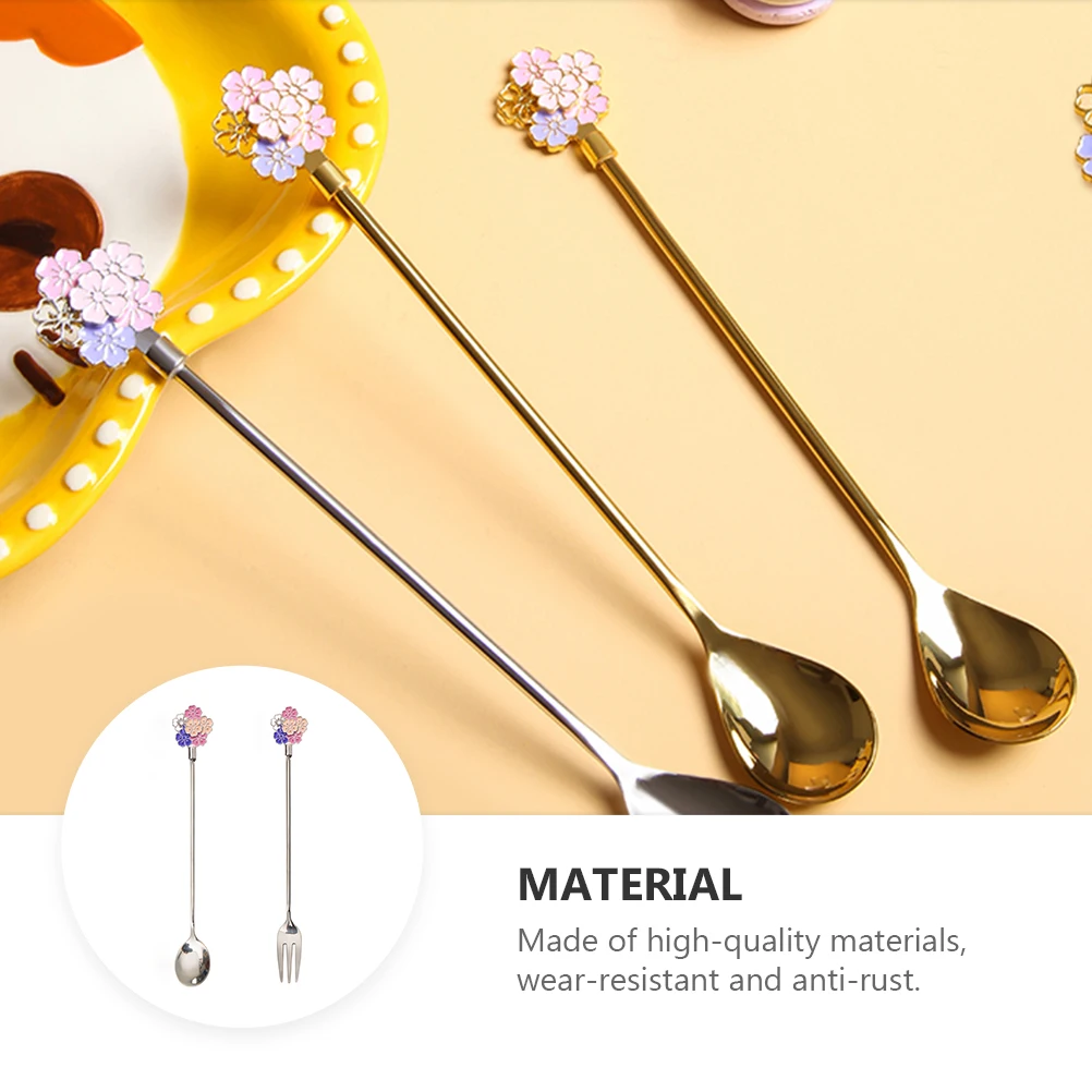 

2Pcs Fork Spoon Set Cherry Blossom Dessert Teaspoons Stainless Steel Japanese Coffee Tableware Anti Rust Safe
