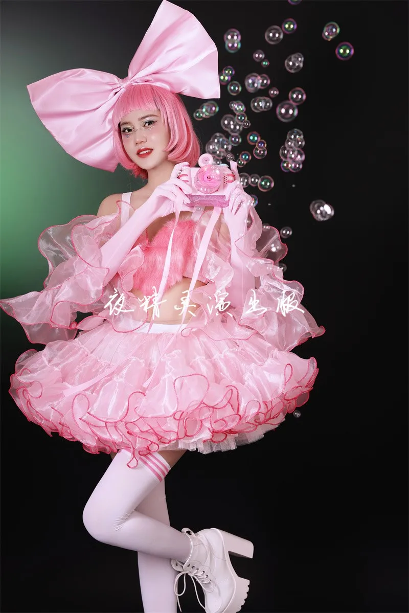 Nightclub Bar Female Gogo Dance Team Lovely Performance Costume Carnival Party Festival Clothes Sexy Pink Sweet Fluffy Skirt Set