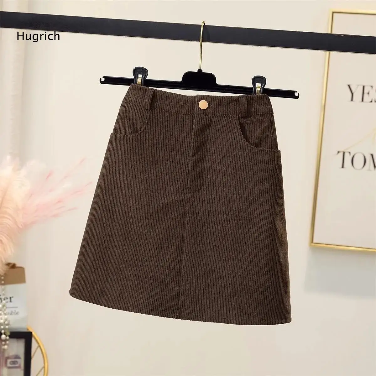 Women Casual Short Skirt Corduroy Material High Waist A Line Cut Button Front Closure Side Pockets Autumn Fashion Bottoms