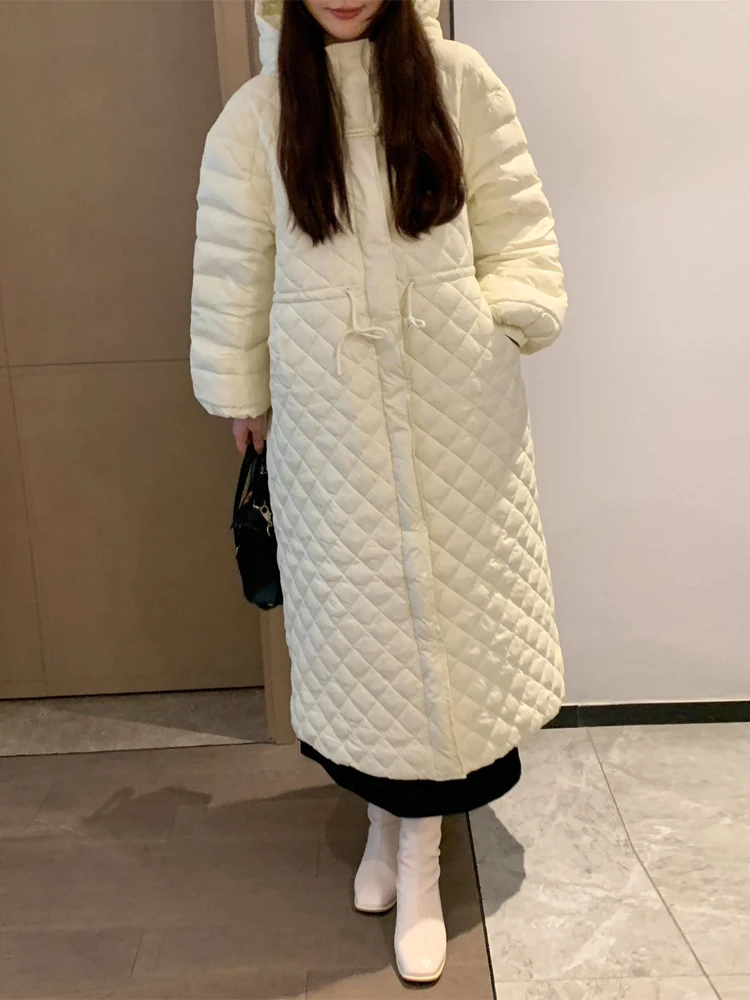 Korean style Women\'s Hooded long down jacket Warm 2023 Winter Fashion Adjustable waist Long sleeve puffer coat Clothes 3O287