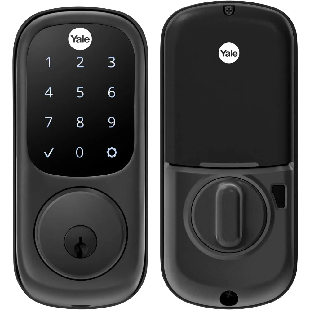 Assure Lock, Smart Lock in pelle scamosciata nera con tastiera touchscreen digitale connesso Wi-Fi per porta anteriore o posteriore con chiave di backup, YR