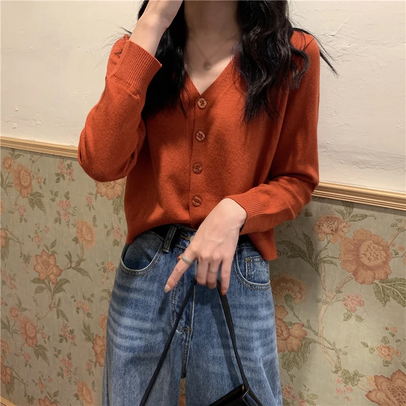 Women\'s Knit Cardigan Short Style V-neck Long Sleeve Thin Jacket Summer Sun-Proof Shirt All-Match Solid Color Casual Outfits