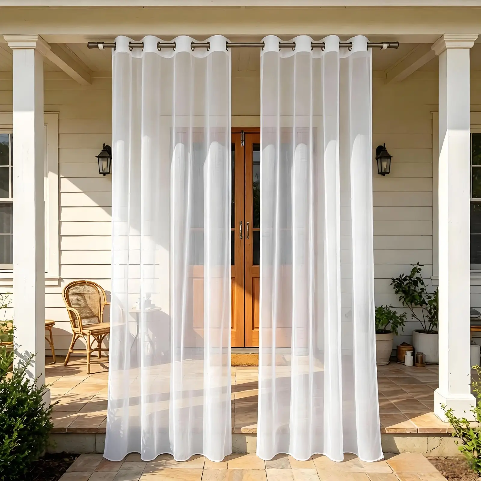 2PCS Grommet Outdoor Sheer Curtains, Light Filter Patio Drapes, Minimalist Decor For Porch Gazebo Garden, Warm Housewarming Gift