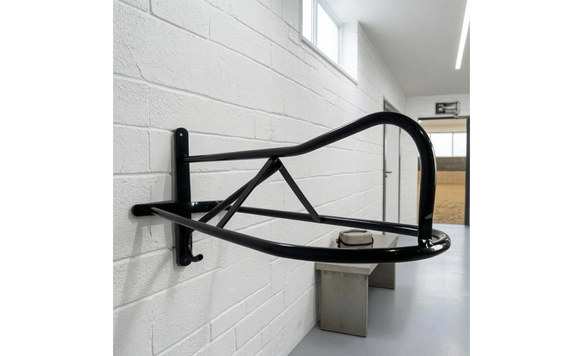 Wall-Mounted Saddle Rack Curved Support Black Metal Saddle Rack Space Saving Organizes Tack Room Wall-Mounted Saddle Rack Curved Support Black Metal Saddle Rack Space Saving Organizes Tack Room