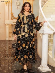 Siskakia Dubai Abaya Luxury For Muslim Women Embroidery Sequins Arab Fashion Dress With Belt Turkey Elegant Moroccan Party Dress