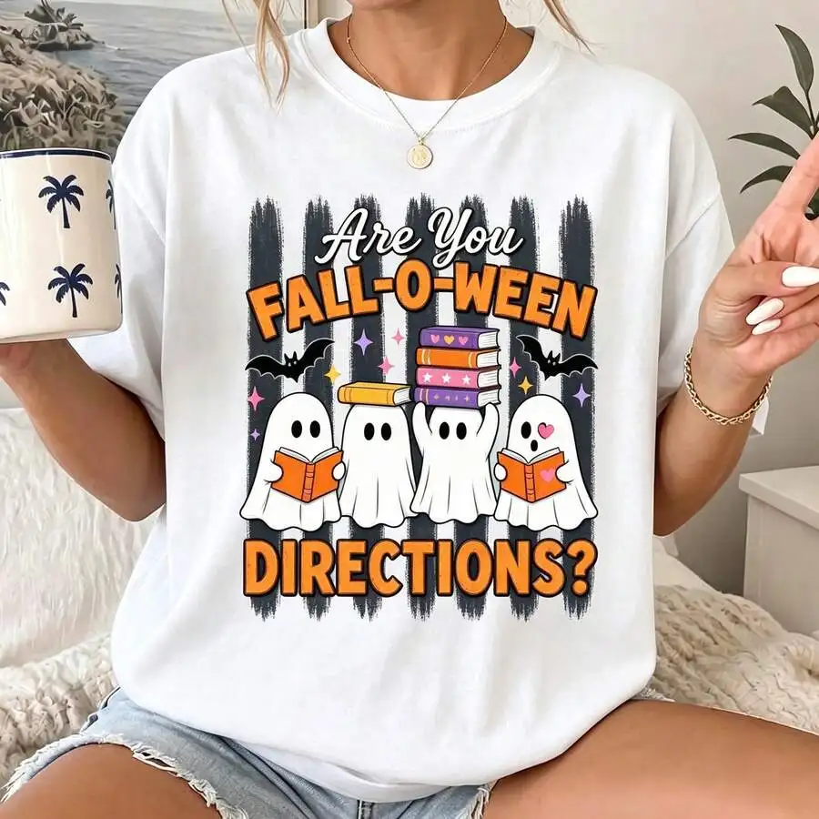 Women's College Style Graphic Tee Are You Fall O Ween Directions Book Ghost Bat Print Crew Neck Short Sleeve Casual Top For Fall Halloween Outfits Gift For Her