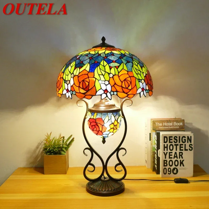 

OUTELA Tiffany Table Lamp American Retro Living Room Bedroom Lamp Luxurious Villa Hotel Stained Glass Desk Lamp