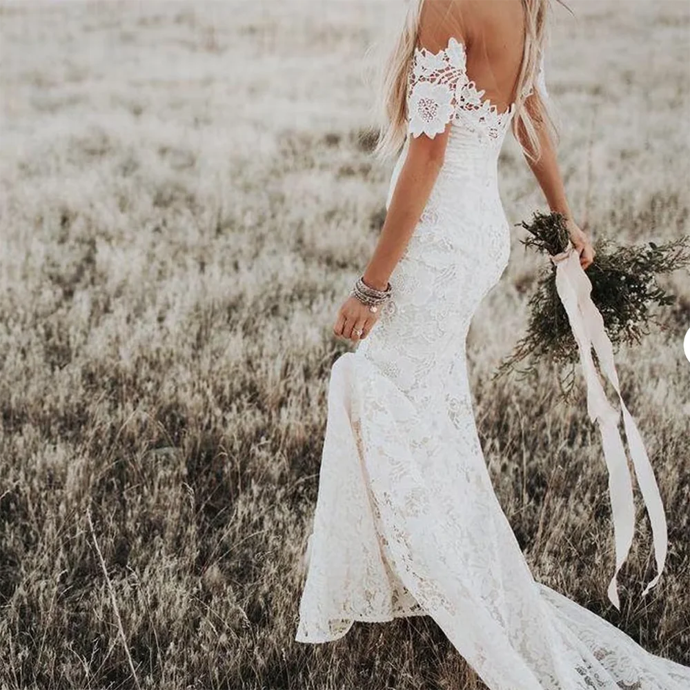 حورية البحر قصيرة الأكمام انقطاع الدانتيل فستان الزفاف صور حقيقية الوهم قبالة الكتف عارية الذراعين بوهو حديقة أثواب الزفاف ريفي