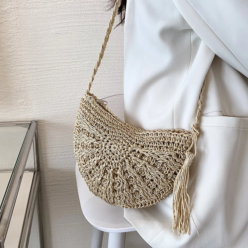 Mode Halbkreis Stroh Gewebt Schulter Umhängetasche Reise Kleine Handtasche Damen Sommer Handgemachte Rattan Quaste Design Strand Tasche – Detail 8