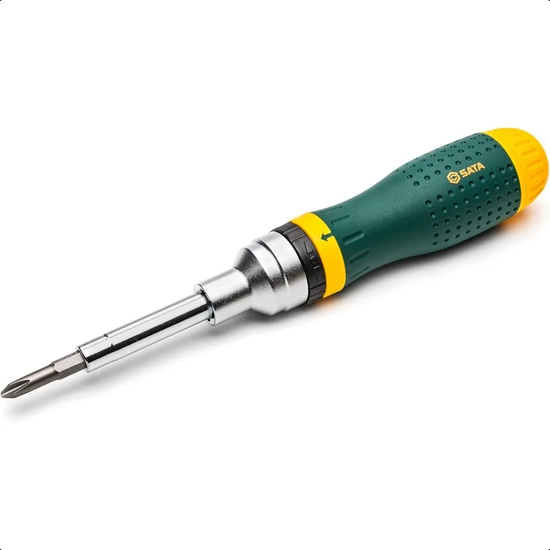 

SATA ST09350 19-in-1 Ratcheting Screwdriver Set. 8 Double-sided Bits, Green-yellow Oil-resistant Handle.