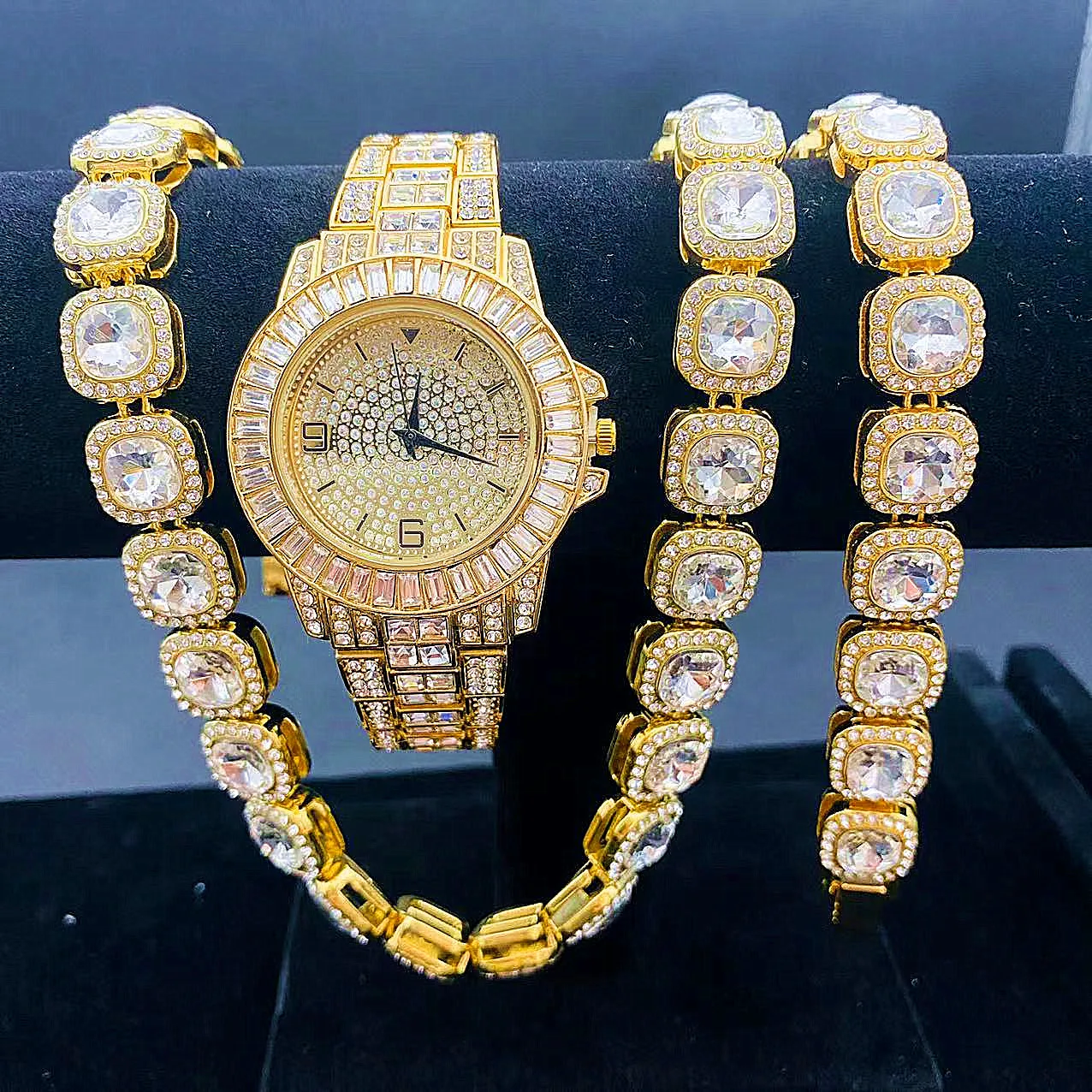 3PCS Iced Out Watch Bracelet Necklaces for Men Women Couple Gold Watch Link Chains Bling Bling Jewelry Set for Men Women Watches