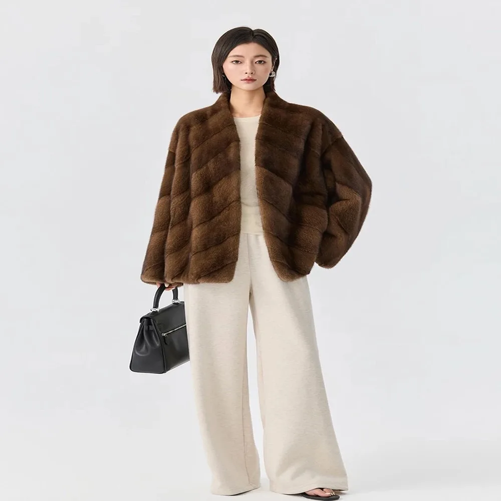 BFFUR Women Genuine Mink Fur Coat Mid-Length V-Neck Diagonal Design Luxury Winter Outerwear Elegant Full Pelt  Mink Jacket