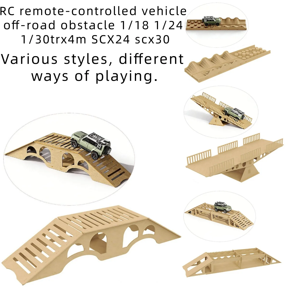 RC remote-controlled vehicle, off-road obstacle, bridge crossing, steep incline, ramp board, 1/18, 1/24, 1/30, SCX24, SCX30.