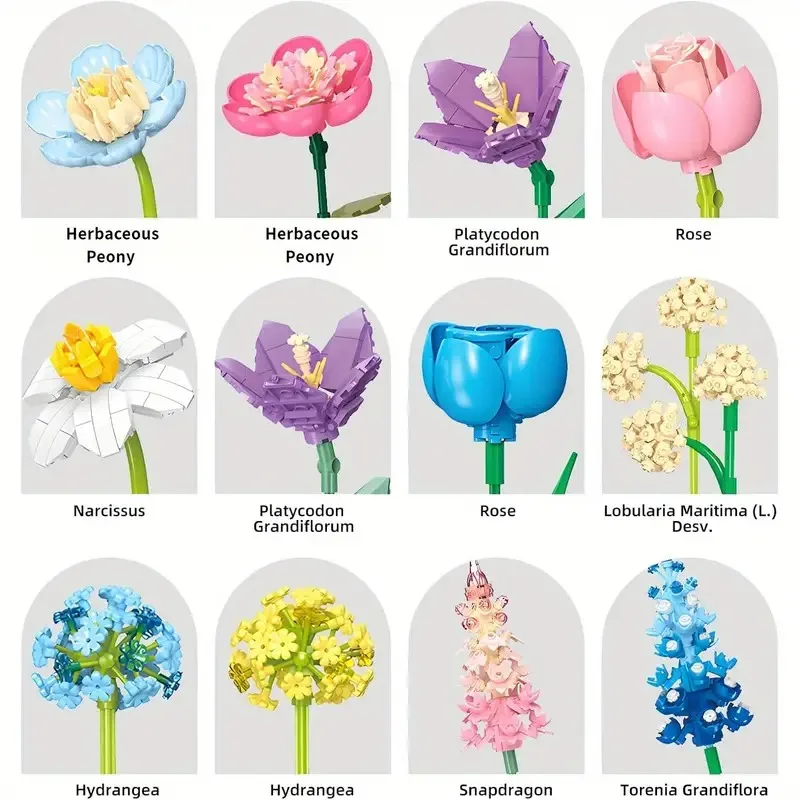 865pcs Rose, Narcissus, Hydrangea Flower Building Blocks Set, Suitable for Adult Bouquet Plant Series, Home or Office Decoration