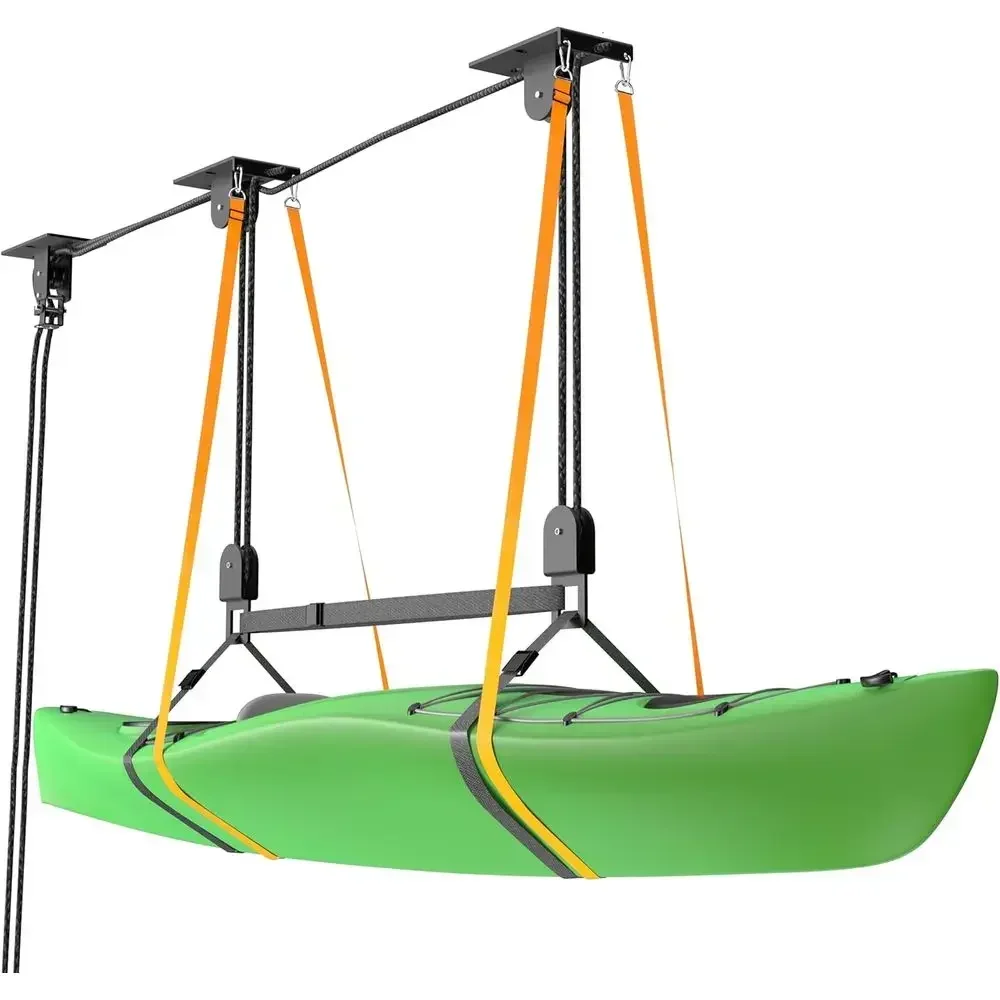 TRUSOON Upgrade Kayak Hoist for Garage Ceiling, Heavy-Duty Kayak Storage Lift Pulley System with Safety Straps, Holds Up to 150
