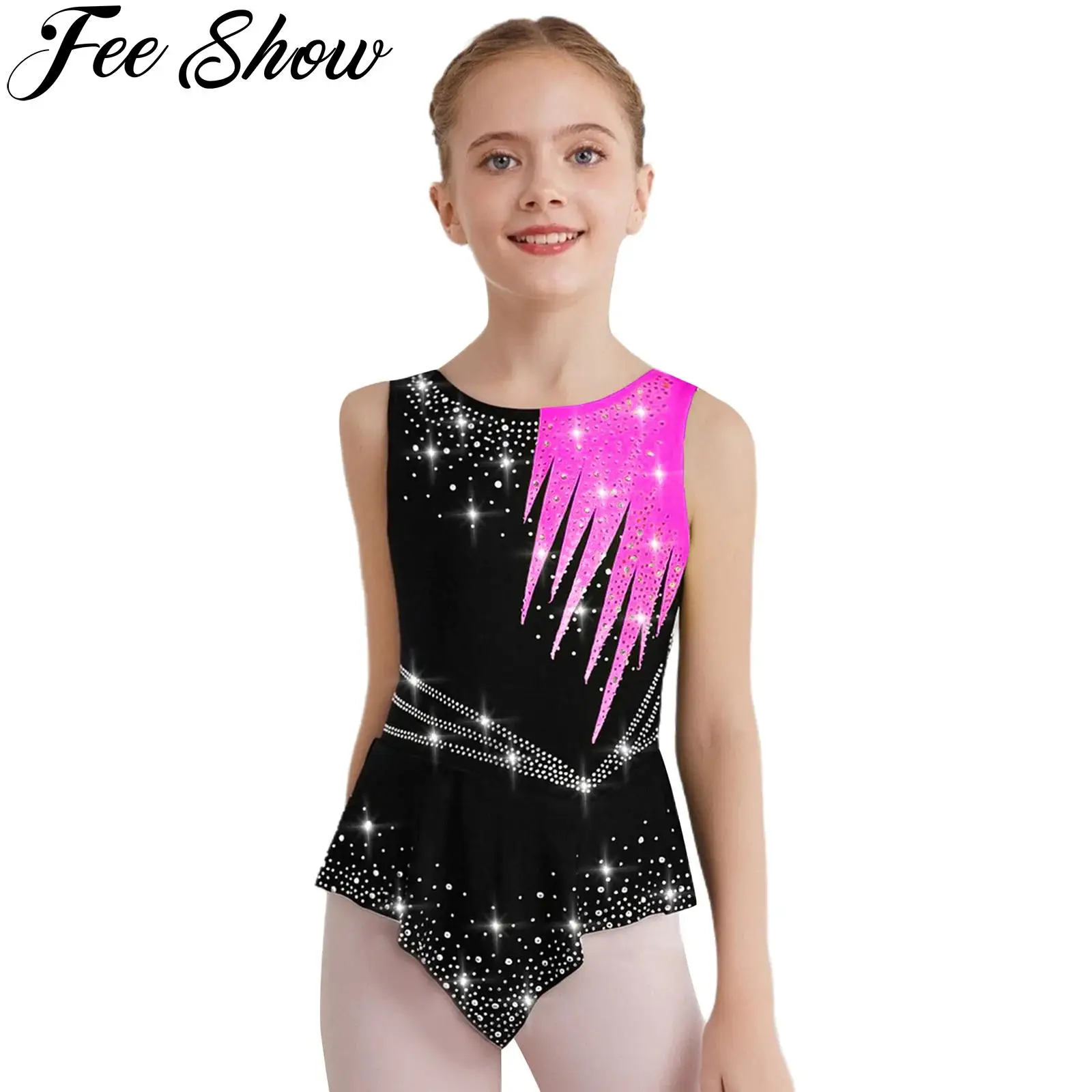 

Kids Girls Rhythmic Gymnastics Leotard Figure Skating Ballet Dance Jumpsuit Sleeveless Shiny Rhinestones Bodysuit Stage Costume