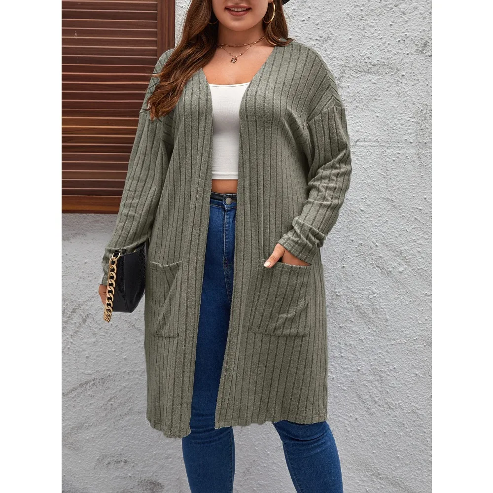 Damska dzianinowa bluzka z długim rękawem w dużych rozmiarach - Nowa, duża kurtka o średniej długości, codzienna, z minimalistyczną teksturą, wiatrówka