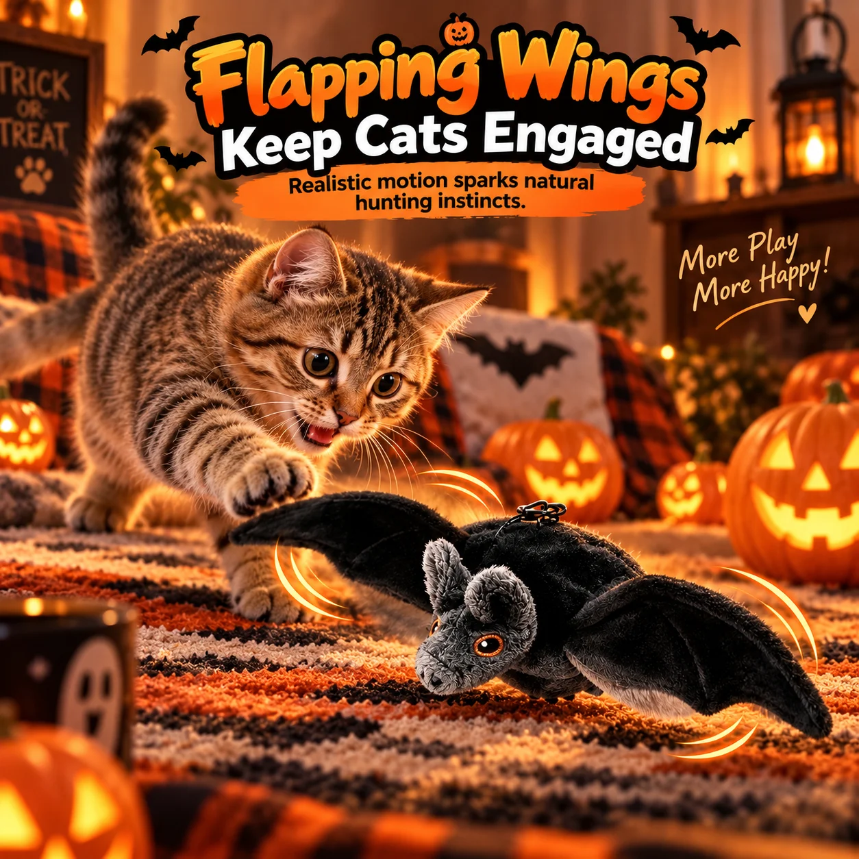 Halloween Flapping Bat Cat Toy Rechargeable Chirping Interactive Plush Toy Touch Activated with Refillable Catnip