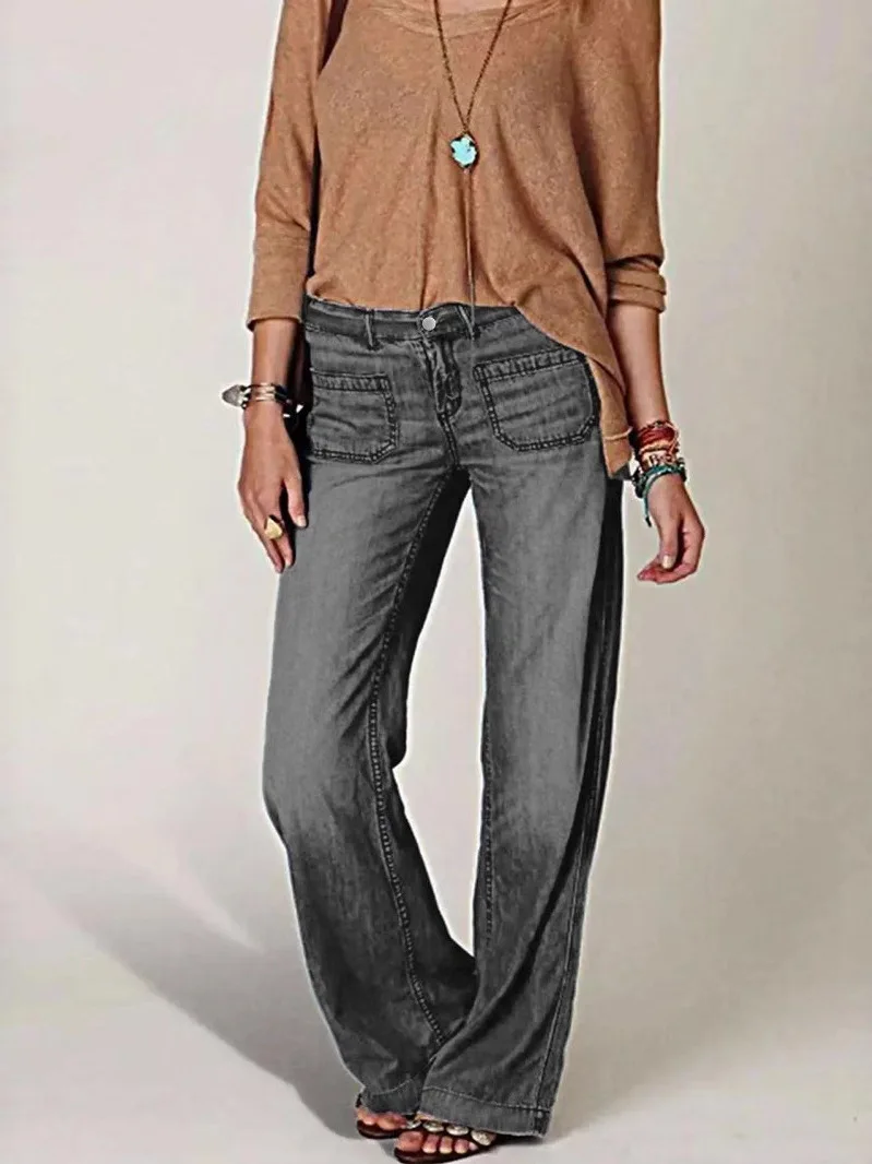 

Faionable Retro Straight Leg Jeans Women's Casual Versatile Denim Pants l Waist Button Closure Polyester Fabric