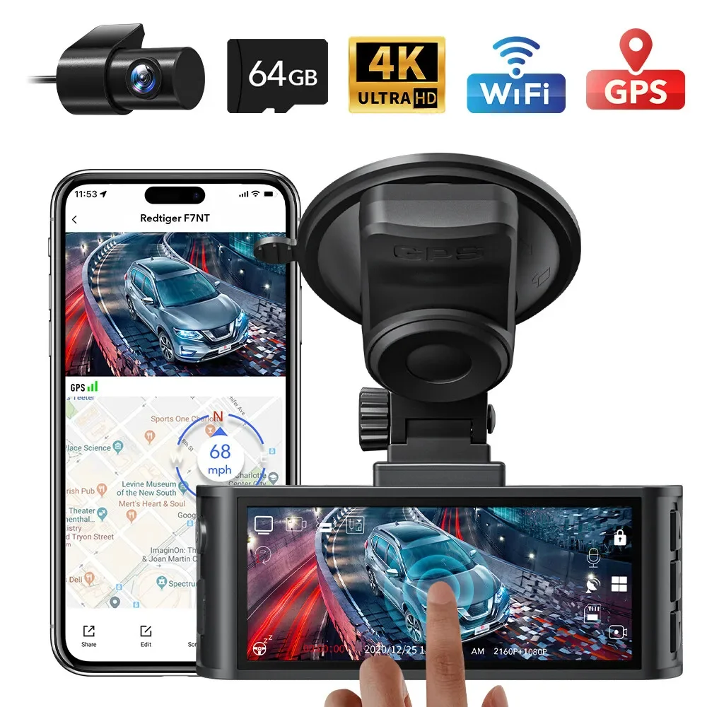 REDTIGER F7N TOUCH 4K Dashcam Starvis 2 IMX675 5,8 GHz WLAN Autokamera für Nachtsicht WDR von vorne und hinten