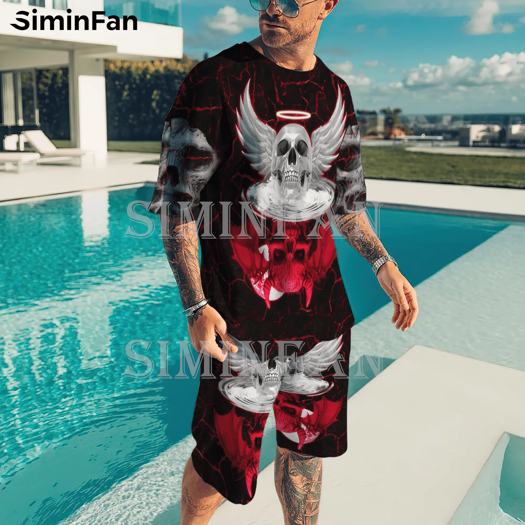 Reaper Skull Yin Yang 3D Printed Mens T-Shirts Beach Shorts Set Summer Male Suit Tracksuit Two-Piece Sportswear Casual Tees Tops