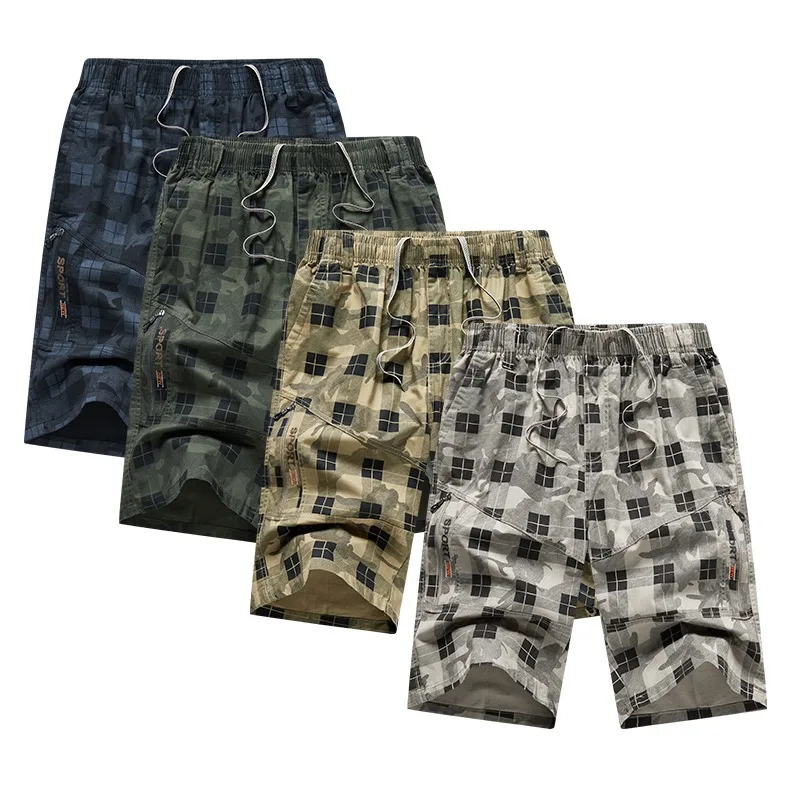 Pantaloncini da uomo elasticizzati a vita alta con cerniera a vita alta a scacchi da uomo, abbigliamento Casual, pantaloni a matita Cargo dritti