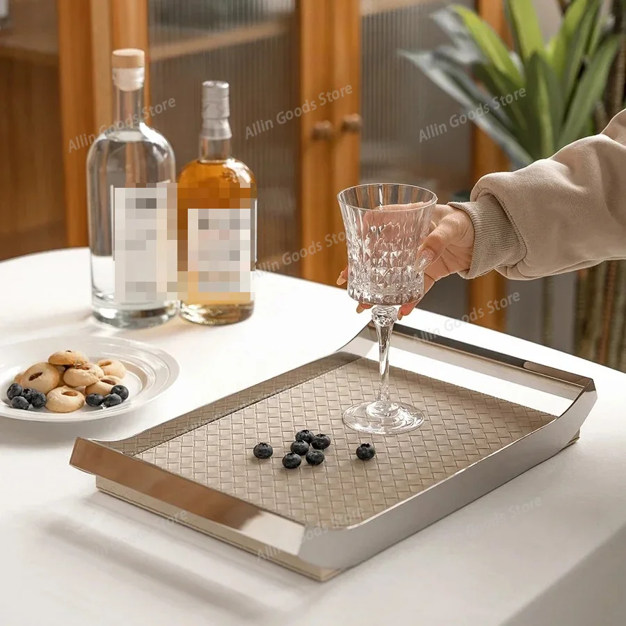 European Stainless Steel Leather Jewelry Tray, Tabletop Aroma Decor Storage Plate Household Decorative Tray