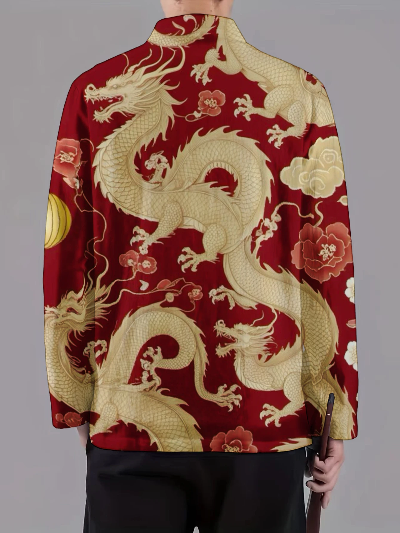 Men Red Golden Dragon Floral Print Chinese Tang Suit Jacket Mandarin Collar Frog Button Long Sleeve Casual Streetwear Outer Coat