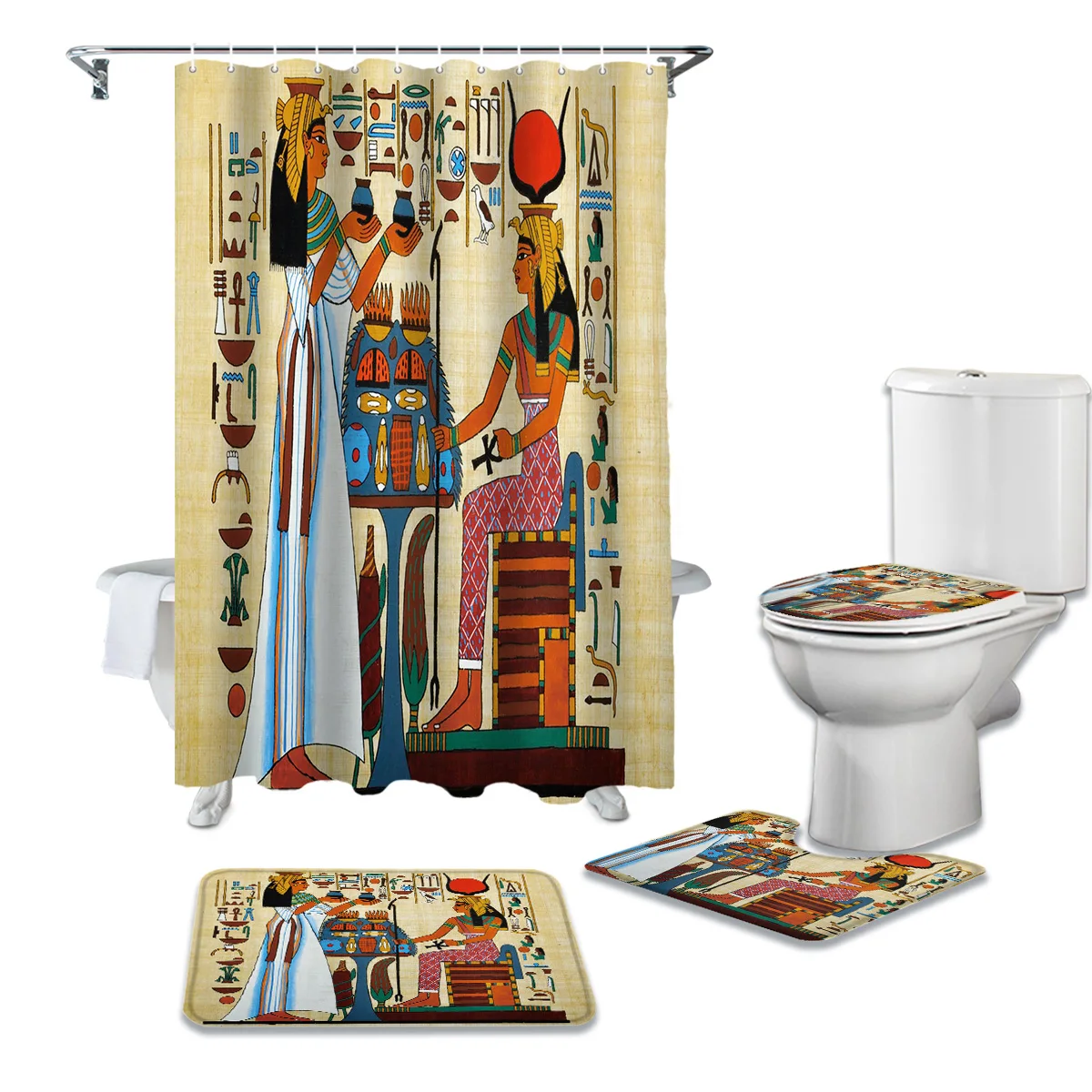 Ancient  Egyptian Papyrus Shower Curtain Sets Non-Slip Rugs Toilet Lid Cover and Bath Mat Waterproof Bathroom Curtains