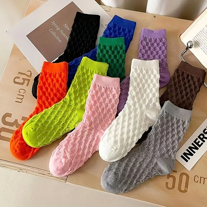 10 Pairs Women's Sock Randomly Multi-color Internet Famous Bubble Socks with Grid Texture Street Daily Casual Mid Tube