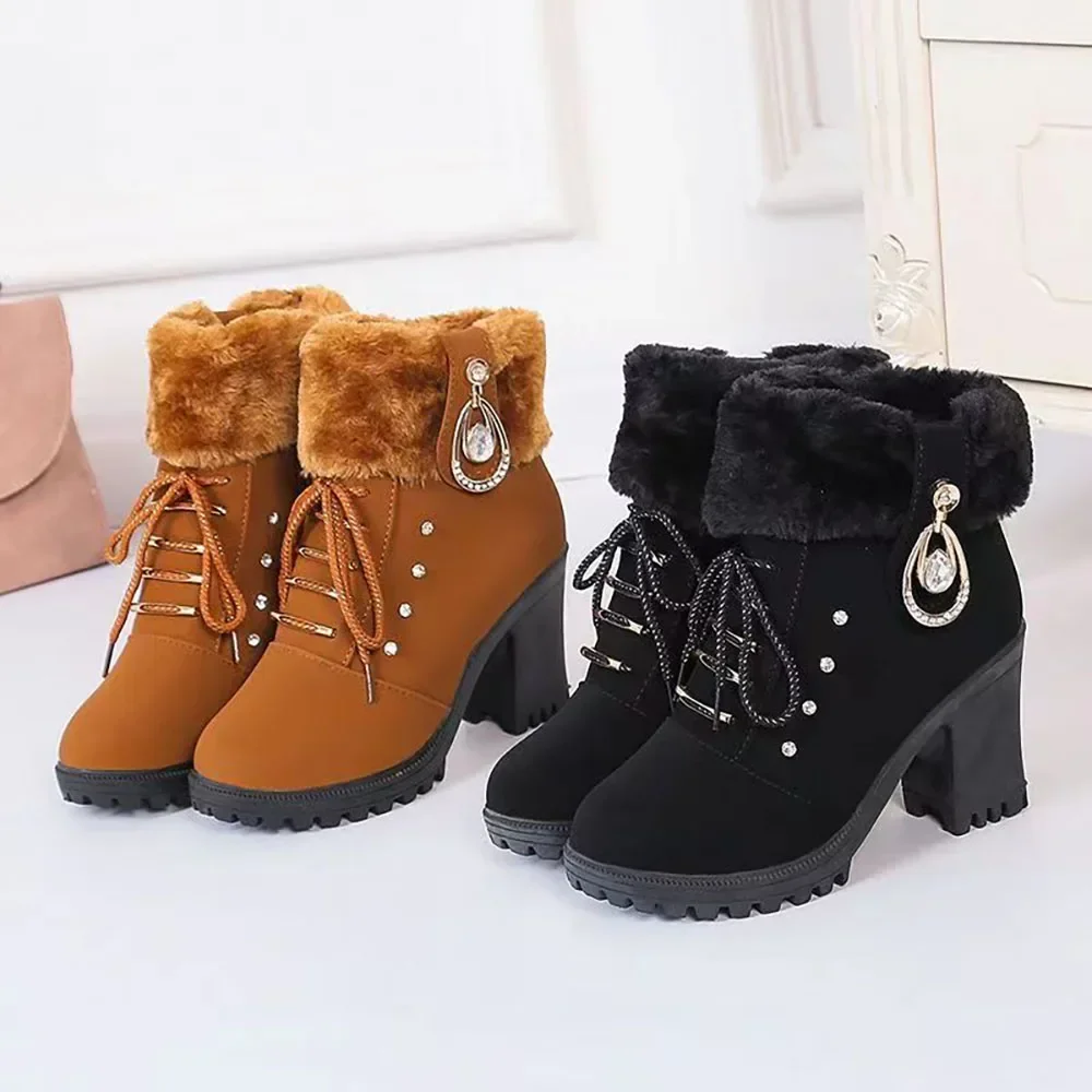 Faux Fur Winter Ankle Boots for Women Plush Thick Warm High Heel Female Short Boots Party Wedding Footwear Elegant Botas Shoes