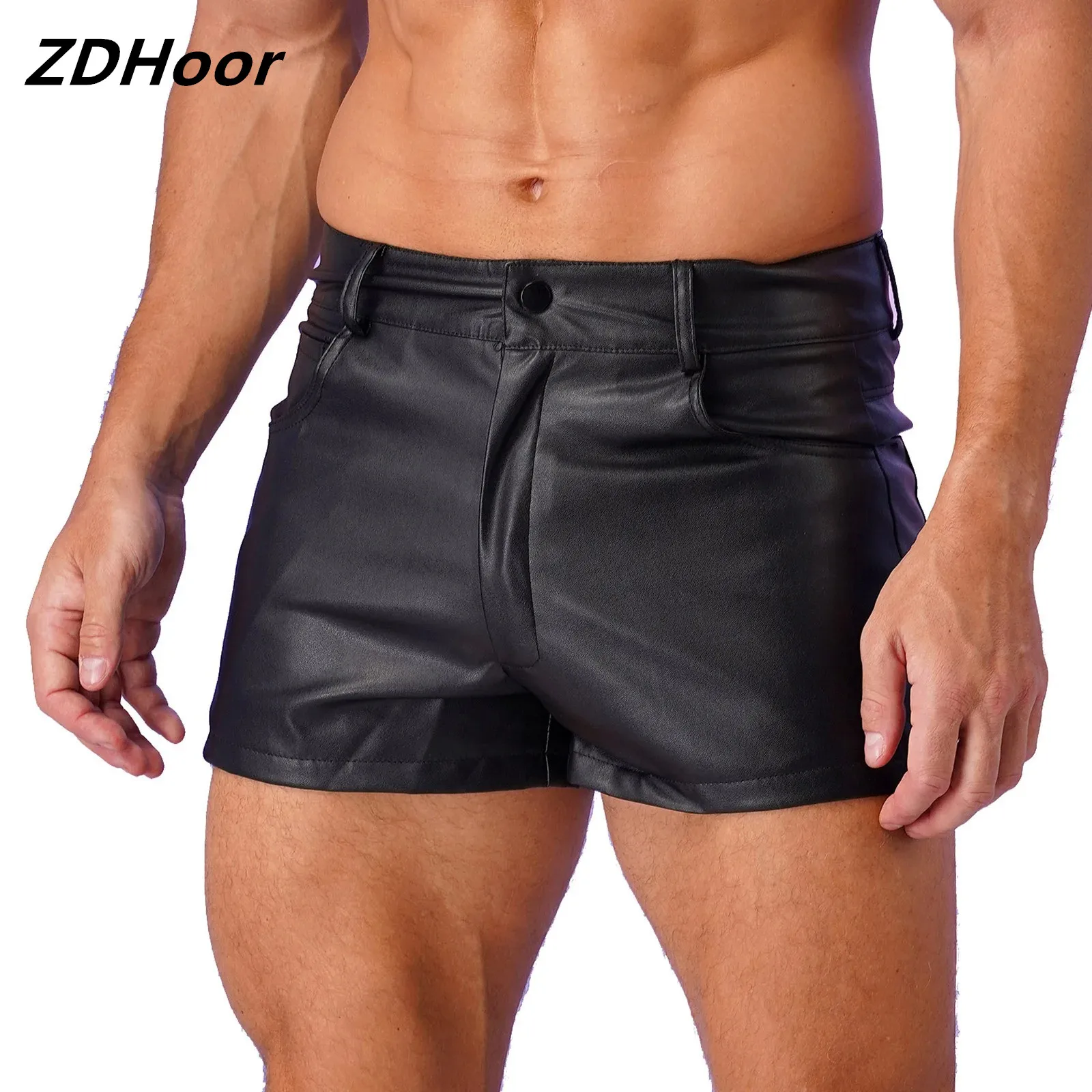 

Mens Stylish PU Leather Casual Shorts Functional Pockets Fully Lining Shorts for Festivals Clubwear Pole Dance