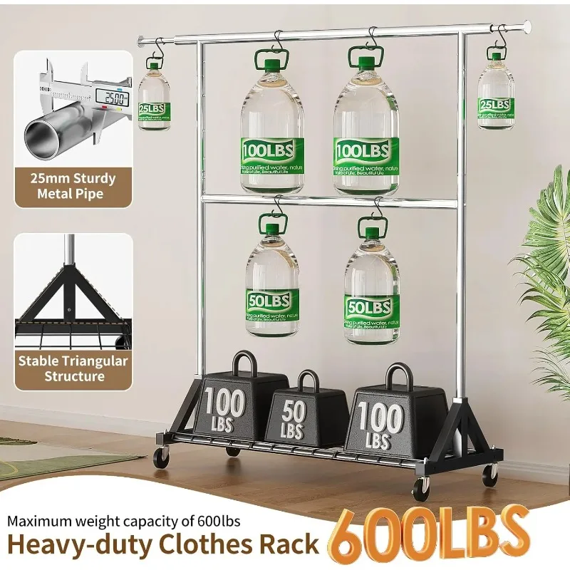 Heavy Duty Rolling Clothes Rack with Double Rod, Lockable Wheels, and Adjustable Shelves - Supports 600 LBS